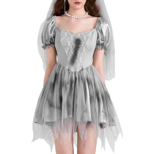 SANSIWU Deluxe-Zombie-Braut-Kostüm, Geisterbraut für Damen, Halloween-Kostüm, Grau mit Kleid, perfekt für Halloween oder jede Kostümparty (Standard, M, Grau) von SANSIWU