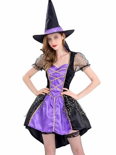 SANSIWU Erwachsene Damen Hexe + Strumpfhose Halloween Fancy Y2K Renaissance Kleid Vintage Mittelalter Viktorianisches Kleid Lila Hexenkleid Kostüm (Standard, XL, A-Lavendel) von SANSIWU