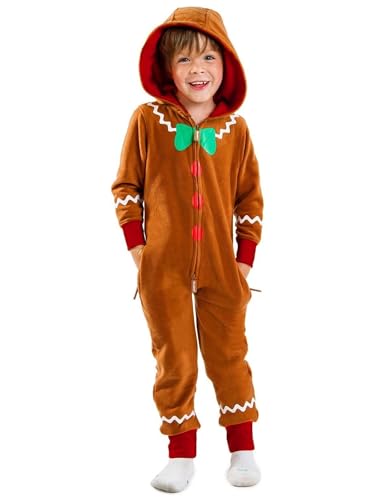 SANSIWU Erwachsene Kind Weihnachten Lebkuchen-Kostüm Eltern-Kind Langarm Overall Reißverschluss Kapuze Strampler Party Rollenspiel Bodysuit (A-Brown Kid, 14 Jahre) von SANSIWU