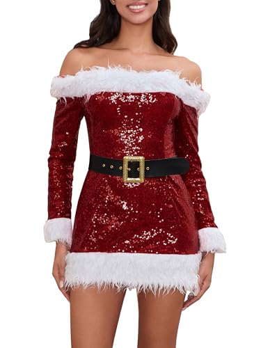 SANSIWU Funkelndes schulterfreies Damenkleid mit Kunstfellbesatz, Weihnachtsmann-Outfit, Pailletten, Samt, figurbetontes Minikleid (A-Red, L) von SANSIWU