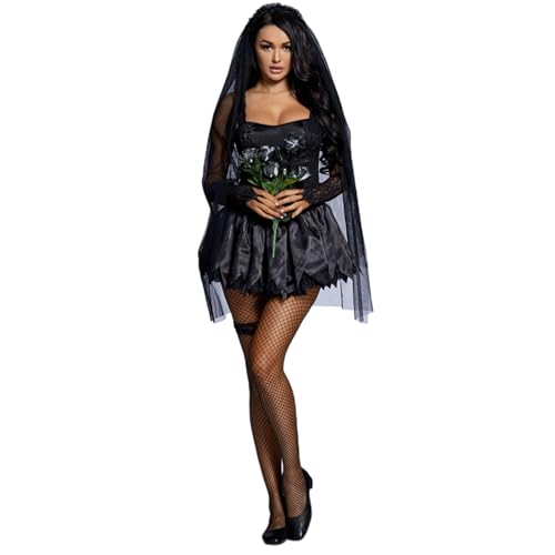 SANSIWU Geisterbraut-Kostüm für Damen, Gothic, Vampir, Zombie, Minikleid, Kostüm, Fasching, Karneval, Horror, Cosplay, mit Schleier, Armärmeln und Beinkreis (Standard, XL, Schwarz) von SANSIWU