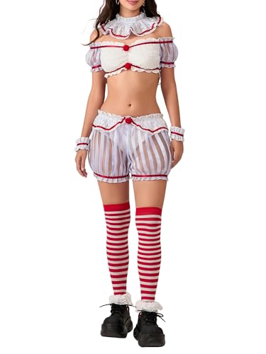 SANSIWU Gruseliges Clown-Kostüm für Damen, gruseliger Narr, Tops und Shorts, Kostüm für Erwachsene, Halloween, Cosplay, Verkleidungsparty (Grau, L) von SANSIWU