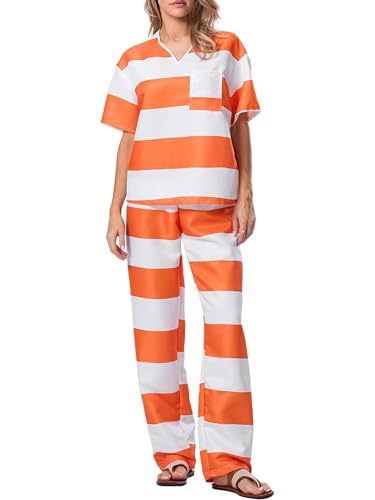 SANSIWU Halloween-Gefängniskostüme, 2-teiliges Sträflingskostüm für Erwachsene, kurzärmeliges T-Shirt, lange Hose, Set (A-Orange1, L) von SANSIWU