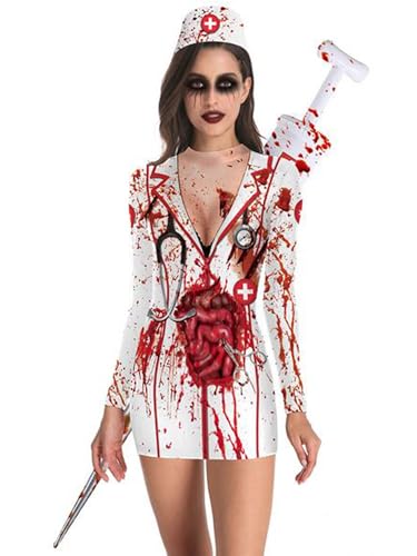 SANSIWU Halloween-Kleid für Damen, langärmelig, Rundhalsausschnitt, Blutdruck, Krankenschwester, Zombie-Kleid, figurbetontes Kleid, Minikleid, Cosplay-Kleid (Weiß, M) von SANSIWU