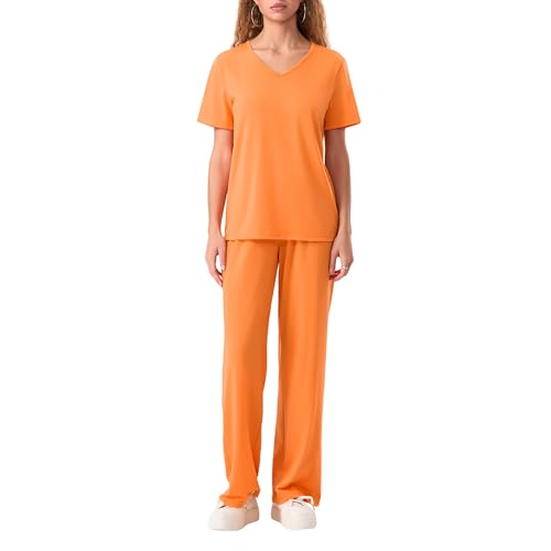 SANSIWU Halloween-Kostüm, 2-teiliges Sträflingskostüm für Erwachsene, kurzärmeliges T-Shirt, lange Hose, Set (B-Orange 2, XL) von SANSIWU