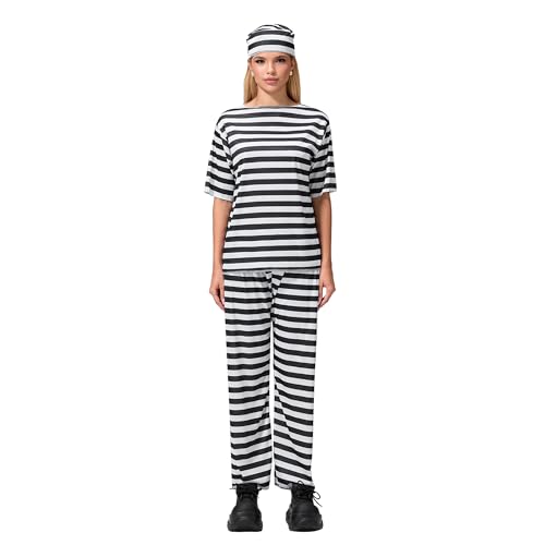 SANSIWU Halloween-Kostüm für Erwachsene, schwarz-weiße Streifen, Häftling, Cosplay, kurzärmelig, Oberteil, lange Hose, Mütze, 2-teiliges Set (mehrfarbig, Einheitsgröße) von SANSIWU