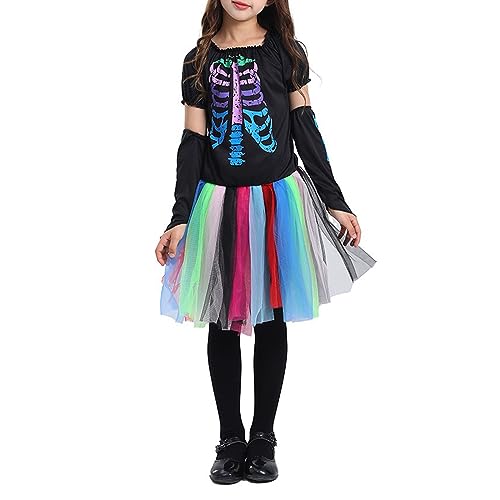 SANSIWU Halloween-Skelett-Kostüm für Mädchen, Skelettkönigin, Prinzessinnen-Kostüm, geisterhaftes Skelett-Tutu-Kleid + Überärmel + Strumpfhose, Themenparty-Outfits (Schwarz, 4–6 Jahre) von SANSIWU