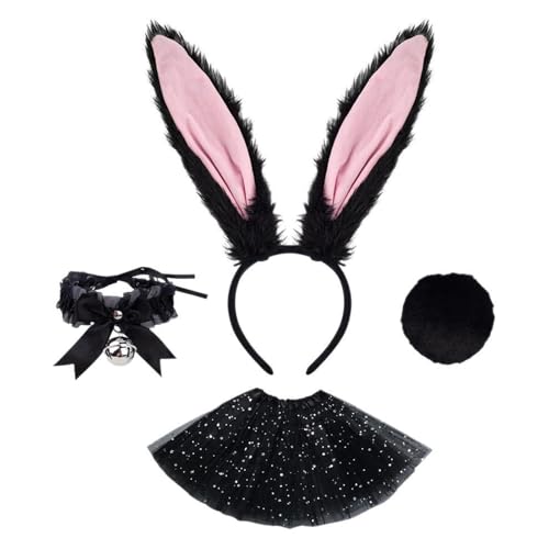 SANSIWU Hasen-Zubehör-Set für Damen, Hasenohren, Stirnband, Tüll, Rock, Schwanz, Hals, Choker, 4-teiliges Set für Kostümparty (A-Schwarz, Einheitsgröße) von SANSIWU