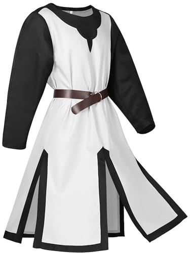 SANSIWU Herren Mittelalter Ritter Wikinger Tunika Tempel Surcoat Robe Krieger Cosplay Kostüm mit Gürtel Piratenkostüm (A-Weiß, S) von SANSIWU