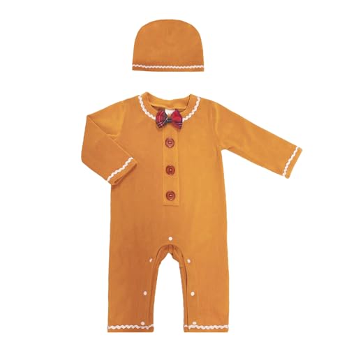 SANSIWU Lebkuchen-Kostüm für Neugeborene, Kleinkind, Baby, Lebkuchen-Outfit, niedliche Fliege, mit Kapuze, langärmelig, Strampler + Mütze, Set Mein erstes Weihnachtsoutfit (A-01, 0-6 Monate) von SANSIWU