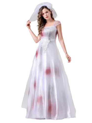 SANSIWU Mini-Mesh-Kleid für Damen, Geisterbrautkleid, Halloween, Herzausschnitt, Rüschen, kurzärmelig, Vampir, Zombie-Stirnband, Cosplay-Set (G-Weiß, XXL) von SANSIWU