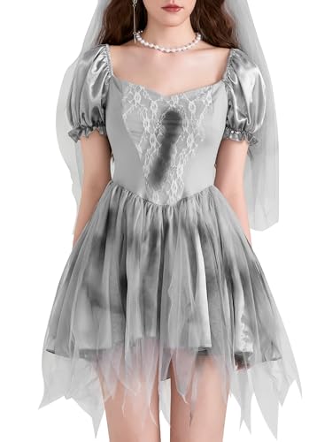 SANSIWU Mini-Netzkleid für Damen, Geisterbrautkleid, Halloween, Herzausschnitt, Rüschen, kurzärmelig, Vampir, Zombie-Stirnband, Cosplay-Set (A-Grau, L) von SANSIWU