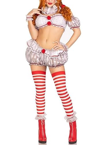 SANSIWU Narrenkostüm für Damen, gruseliges Clown-Kostüm für Damen, Zirkus, Freakshow, gruseliges Killer-Clownkleid, Cosplay, für Kostümparty, Hellgrau, Größe M von SANSIWU