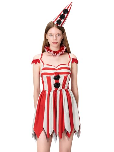 SANSIWU Narrenkostüm für Damen, gruseliges Clown-Kostüm für Damen, Zirkus, Freakshow, gruseliges Killer-Clownkleid, Cosplay, für Kostümparty (E-Red2, L) von SANSIWU