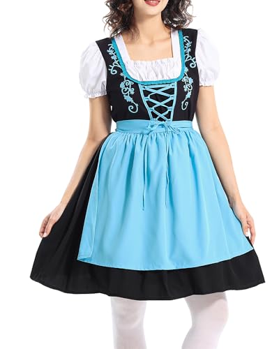 SANSIWU Oktoberfest-Kostüm für Damen, Puffärmel, deutsches Dirndlkleid, Schürze, Lederhose, Kostüm, französisches Dienstmädchen-Outfit für Bierfest (Blau, XL) von SANSIWU