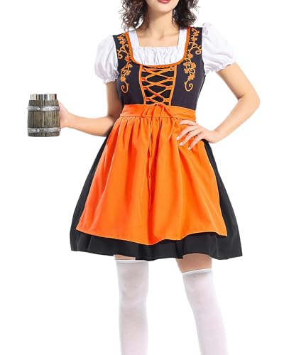 SANSIWU Oktoberfest-Kostüm für Damen, Puffärmel, deutsches Dirndlkleid, Schürze, Lederhose, Kostüm, französisches Dienstmädchen-Outfit für Bierfest (Orange, XL) von SANSIWU