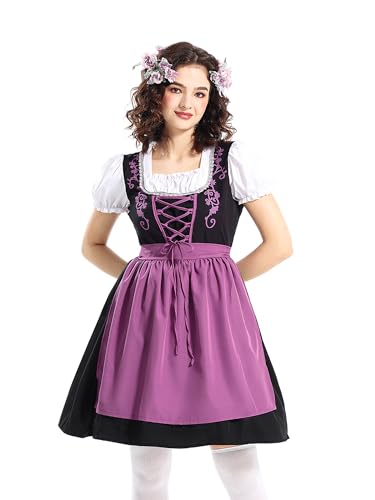 SANSIWU Oktoberfest-Kostüm für Damen, kurze Puffärmel, Oktoberfest-Outfit, quadratischer Kragen, Kreuzbindung, Outfit, klassische Schürze, schmückendes Kleid (A-Lila, M) von SANSIWU