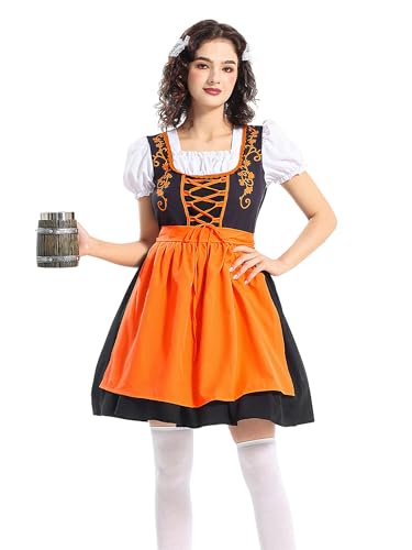 SANSIWU Oktoberfest-Kostüm für Damen, kurze Puffärmel, Oktoberfest-Outfit, quadratischer Kragen, Kreuzbindung, Outfit, klassische Schürze zum Dekorieren (A-Orange, M) von SANSIWU