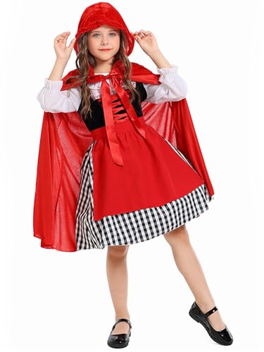 SANSIWU Rotkäppchen-Kostüm für Mädchen, Halloween-Kostüm, Welttag des Buches, Party, Verkleidung mit kurzem Umhang, Rot, 140 SANSIWU Rotkäppchen-Kostüm für Mädchen, Halloween-Kostüm, Welttag des Buches, Party, Verkleidung mit kurzem Umhang, Rot, 140 von SANSIWU