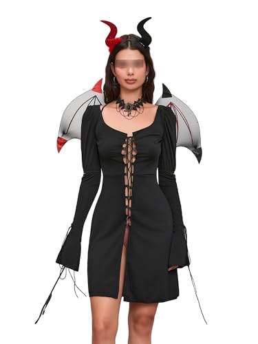 SANSIWU Schwarzes Teufelskostüm für Damen, Halloween-Kostüm, Teufelsohren, Stirnband, Dämonen-Fliege, Halloween, Stirnband, Teufelskostüm, Erwachsene (Schwarz, XL) von SANSIWU