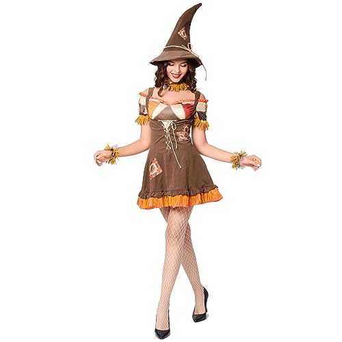 SANSIWU Vogelscheuche Cosplay-Kostüm für Damen, kurzärmelig, Rüschen-Minikleid + Hut + Armband + Choker, luxuriöse Themenparty-Outfits (Standard, L, Braun) von SANSIWU