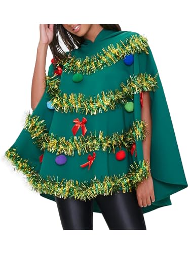 SANSIWU Weihnachtsbaum-Poncho-Kostüm für Damen, mit Schleife, Ball, Dekoration, Kapuzenumhang, Halloween-Kostüm, Urlaub, Party, Cosplay (A-Grün, L) von SANSIWU