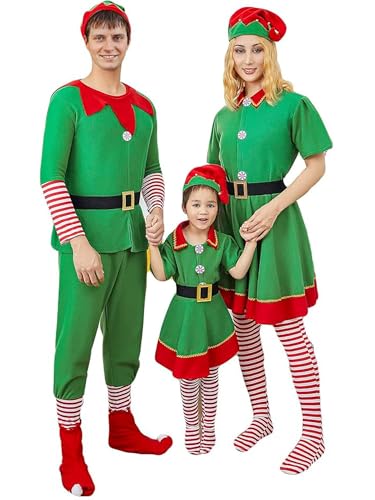 SANSIWU Weihnachtselfenkostüm-Set für Mädchen, Jungen, Herren, Damen, Weihnachtselfen-Kostüm, Outfit, Weihnachtsmannhelfer, Elfen-Kostüm, Outfit für Urlaubsparty (A-Grün, Erwachsene, Größe XL) von SANSIWU