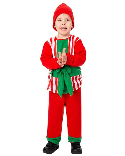 SANSIWU Weihnachtselfenkostüm für Kinder, niedliches Oberteil, Hose mit Gürtel, Mütze, Set für Jungen und Mädchen, Cosplay, Mottoparty, Performance-Outfits (rot, A, 11–14 Jahre) von SANSIWU