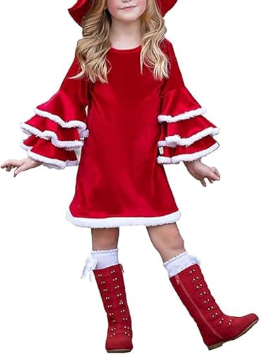 SANSIWU Weihnachtskostüm Anzug Weihnachtsoutfit Mädchen Urlaub Weihnachten Tutu Kleid Santa Prinzessin Langarm gestuftes Tüllkleid für Xmas Party (Red1, 2T) von SANSIWU