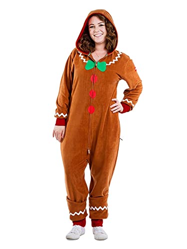 SANSIWU Weihnachtskostüm für Erwachsene, Lebkuchen-Kostüm, Eltern-Kind, langärmelig, Overall, Reißverschluss, Kapuzen-Strampler, Party, Rollenspiel-Body (A-Brown, XL) von SANSIWU