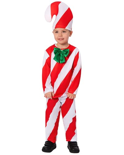 SANSIWU Weihnachtskostüm für Kinder, langärmelig, Cosplay, Oberteil, Hose, Mütze, Sets, Jungen, Mädchen, Zuckerstangen-Outfit für Cosplay-Party (Rot, XL) von SANSIWU