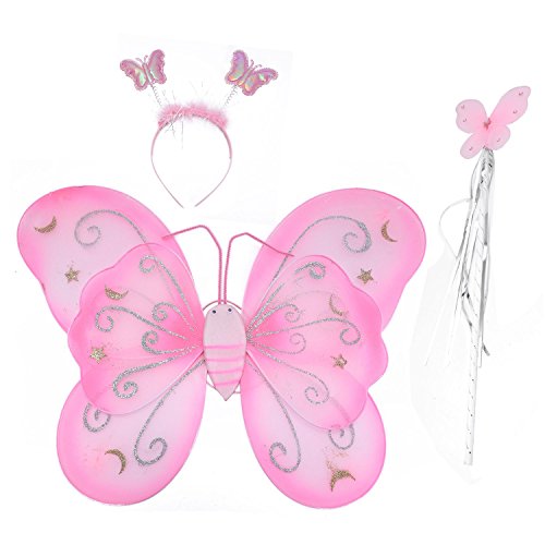 SAROAD Maedchen 3 Stueck Set Fee Prinzessin Funkeln Schmetterling Kostuem Fluegel Stab Stirnband (3-8Y) rosa von SAROAD