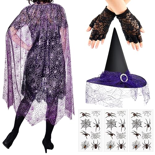 SATINIOR Halloween Damen Hexen Kostüme Spinnen Kostüm für Erwachsene Frauen Netz Umhang und Hut Fingerlose Spitzenhandschuhe Spinnen Tattoos Party Verkleidung Outfits (Modischer Stil) von SATINIOR