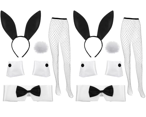 SATINIOR 2 Sets von Halloween Frauen Bunny Kostüm Mädchen Anime Anzug Fischnetz Strümpfe Hasenohren Stirnband Fliege Bunny Tail für Halloween Cosplay Schwarz, Schwarz, Einheitsgr��e von SATINIOR