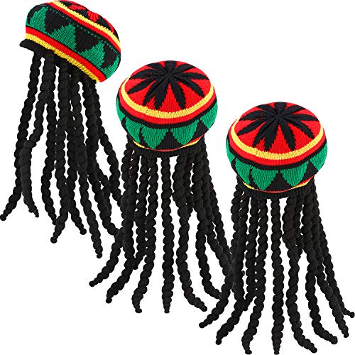 SATINIOR 3 Packungen Rasta Hut mit Schwarzer Dreadlocks Perücke Rasta Perückenkappe für Kostüm Zubehör von SATINIOR