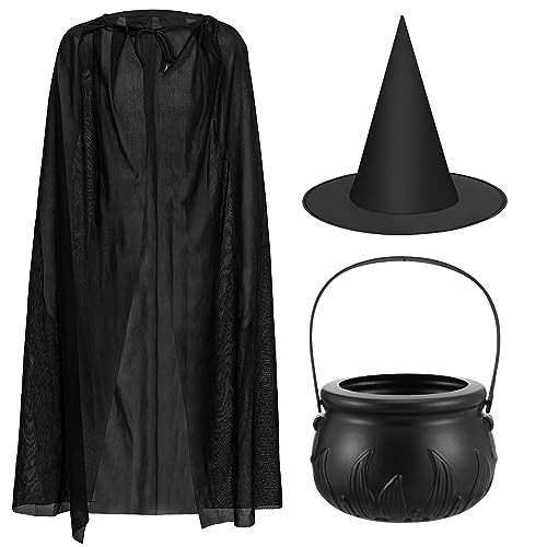 SATINIOR 3 Stück Halloween Hexenkostüm für Kinder Enthält Hexenhut und Schwarzen Umhang und Hexenkessel Zauberer Kostüm Hexen Kostüm Zubehör für Jungen Mädchen Halloween Cosplay Party von SATINIOR