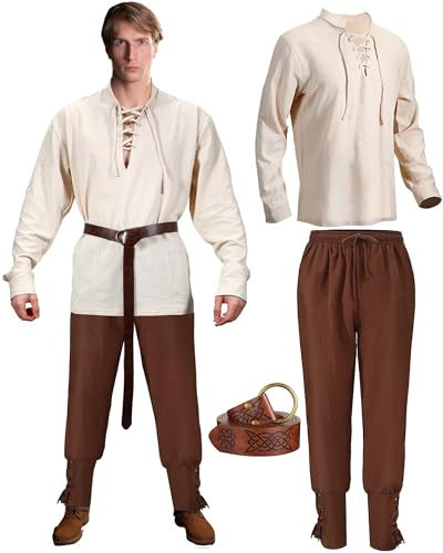 SATINIOR 3 Stück Herren Renaissance Kostüm Set XL Mittelalter Ritter Langarm Hemd Mittelalter Hose Wikinger Gürtel für Piraten Cosplay(Khaki, Braun) von SATINIOR