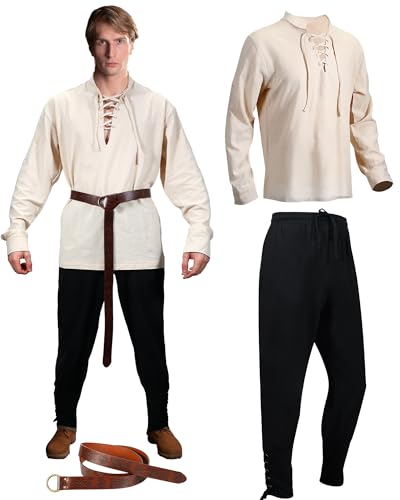 SATINIOR 3 Stück Herren Renaissance Kostüm Set XL Mittelalter Ritter Langarm Hemd Mittelalter Hose Wikinger Gürtel für Piraten Cosplay(Khaki, Schwarz) von SATINIOR