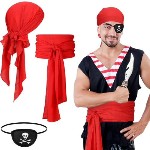 SATINIOR 3 Stück Piraten Kostüm Zubehör Set Pirat Kopftuch Großer Pirat Gürtel Pirat Augenklappe, Bandana Schärpe Gürtel Augenbinde Piraten Verkleidung für Erwachsene Halloween Karneval (Rot) von SATINIOR