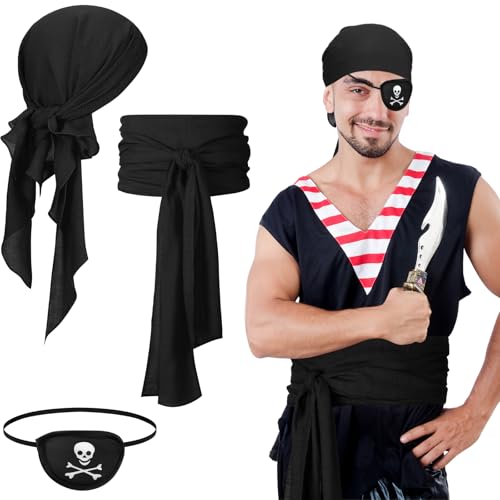 SATINIOR 3 Stück Piraten Kostüm Zubehör Set Pirat Kopftuch Großer Pirat Gürtel Pirat Augenklappe, Bandana Schärpe Gürtel Augenbinde Piraten Verkleidung für Erwachsene Halloween Karneval (Schwarz) von SATINIOR