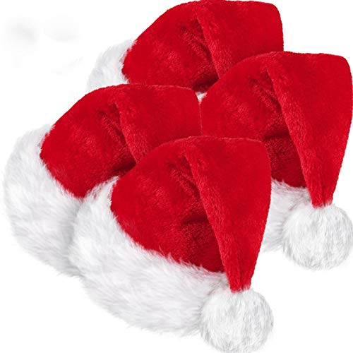 SATINIOR 4 Packungen Santa Hut, Unisex Samt Weihnachten Mütze mit Komfort Futterund Plüsch Krempe Weihnachtsmann Mütze für Party Neujahr Weihnachten (Rot, Erwachsenen Größe) von SATINIOR