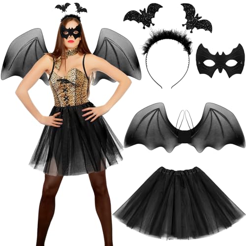 SATINIOR 4 Stück Halloween Fledermaus Kostüm Set Tutu Rock Fledermaus Stirnband Halbgesicht Fledermaus Maske Flügel für Kinder Erwachsene Damen Festival Kostüm Cosplay Party Zubehör, Schwarz von SATINIOR