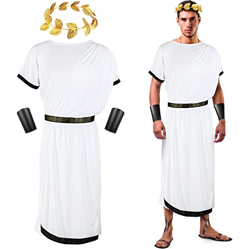 SATINIOR Toga-Kostüm für griechische Männer, 4-teilig, griechischer Gott, Halloween, Erwachsene, römisches Kostüm mit Blatt-Lorbeerkranz, Armband, weißgold, M von SATINIOR