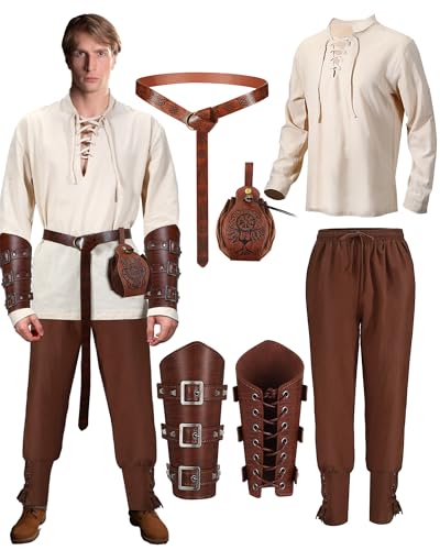 SATINIOR 5 Stück Mittelalter Kleidung Herren Set Renaissance Viking Kostüm Mittelalter Leinenhemd Mittelalter Hose mit Knöchelriemen Gürtel Handgelenkschützer Gürteltasche(Khaki, Braun,L) von SATINIOR