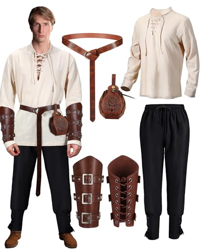 SATINIOR 5 Stück Mittelalter Kleidung Herren Set Renaissance Viking Kostüm Mittelalter Leinenhemd Mittelalter Hose mit Knöchelriemen Gürtel Handgelenkschützer Gürteltasche(Khaki, Schwarz, Braun,XL) von SATINIOR