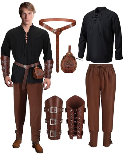 SATINIOR 5 Stück Mittelalter Kleidung Herren Set Renaissance Viking Kostüm Mittelalter Leinenhemd Mittelalter Hose mit Knöchelriemen Gürtel Handgelenkschützer Gürteltasche(Schwarz, Braun,L) von SATINIOR