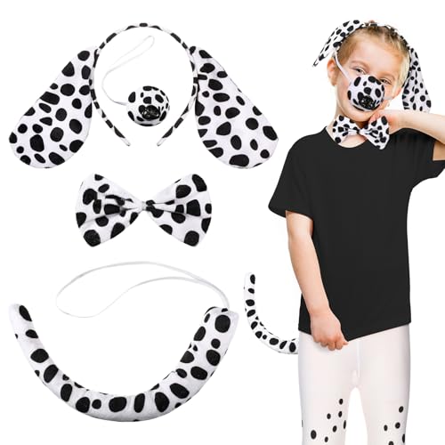 SATINIOR 5 TLG Kinder Dalmatiner Kostüm Set Hund Ohr Stirnband Dalmatiner Schwanz Nase Schleife Strumpfhose Halloween Karneval Tier Kostüm für Mädchen im Alter von 6-12 Jahren von SATINIOR