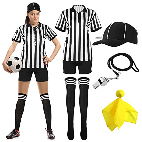 SATINIOR 6 Stück Ref Kostüm Damen Schwarz Weiß Gestreiftes Schiedsrichter Shirt Jersey Shorts Schiedsrichter Hut Gelb Elfmeter Flagge Edelstahl Pfeif Lang Gestreifte Socken für Basketball Fußball (L) von SATINIOR