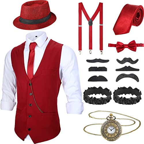 SATINIOR 1920er Herren-Kostüm, brüllende Kostüme, Outfit mit 20er-Jahre-Gangster-Weste, Hut, Taschenuhr, Hosenträgern, Weinrot, Small von SATINIOR