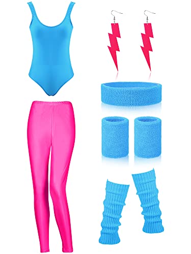 SATINIOR Damen 80er 90er Jahre Workout Kostüm Outfit Zubehör Set Beinstulpen Stirnband Armbänder Ohrringe Bademode Anzug, Seeblau, Rosenrot, Small von SATINIOR